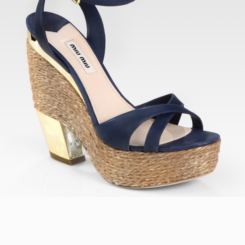 Miu Miu Navy Blue Wedge Sandals